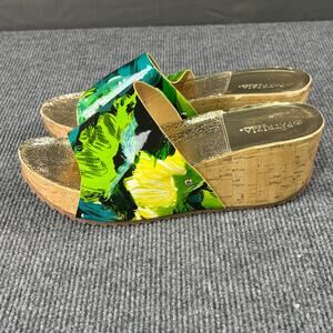 Spring Step Sandals Women’s 8.5 Corazon Slip On Open Toe Floral Wedge Green Tan